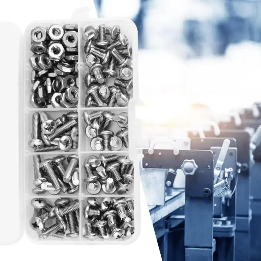 Description Picture 3 of item140pcs/set #10-32 304 Stainless Steel Head Phillips Cross PH Pan Head Screws Kit Assortment Set Hex Slip Lock Self-Locking Nut