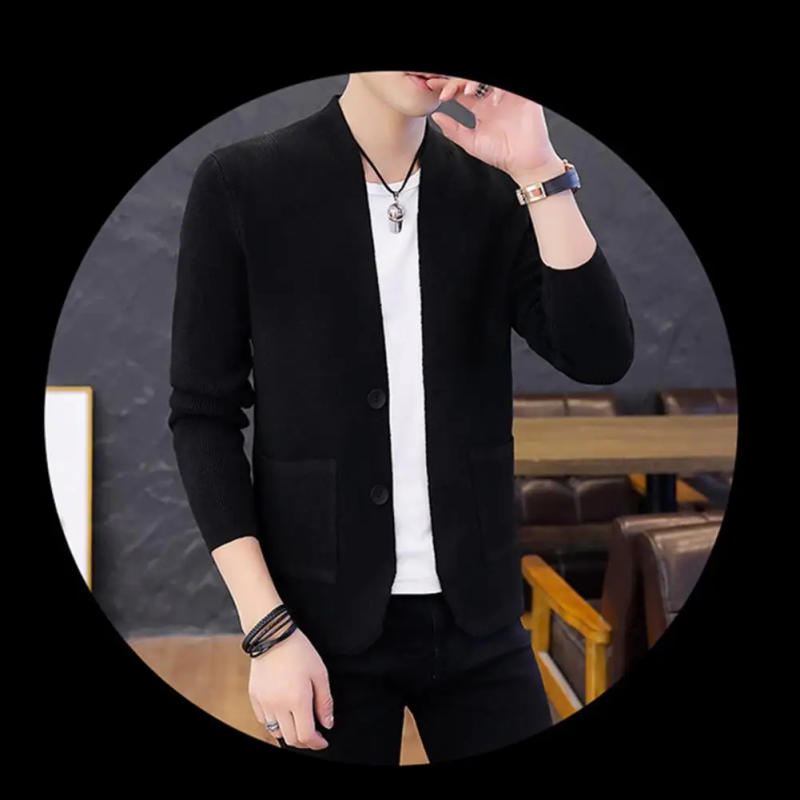 Description Picture 2 of itemMen Knitwear Coat Single-breasted Knitted Solid Color Elastic Cardigan Slim Fit Soft Warm Pockets Long Sleeve Men Fall Winter Sw