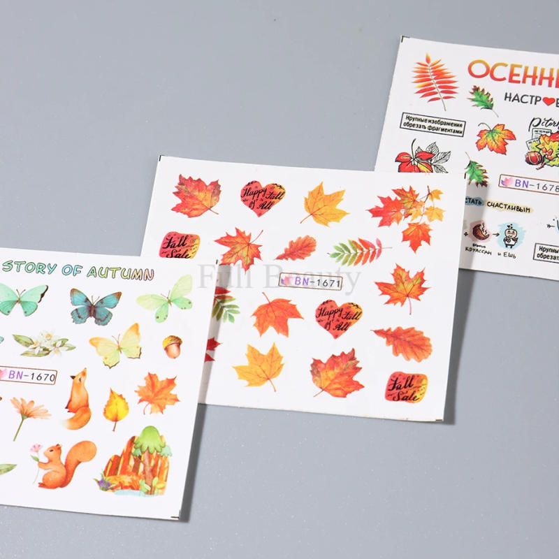 Description Picture 5 of item24pcs/Set Maple Water Nail Stickers Set Fall Leaf Geometric Nail Art Decals Cute Animal Transfer Sliders Autumn Manicure Decor