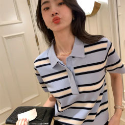 2025 Classic POLO collar Design Pure Lyocell Pullover Women's knitted Short sleeves Sweater High-quality Multi-color Stripes Top