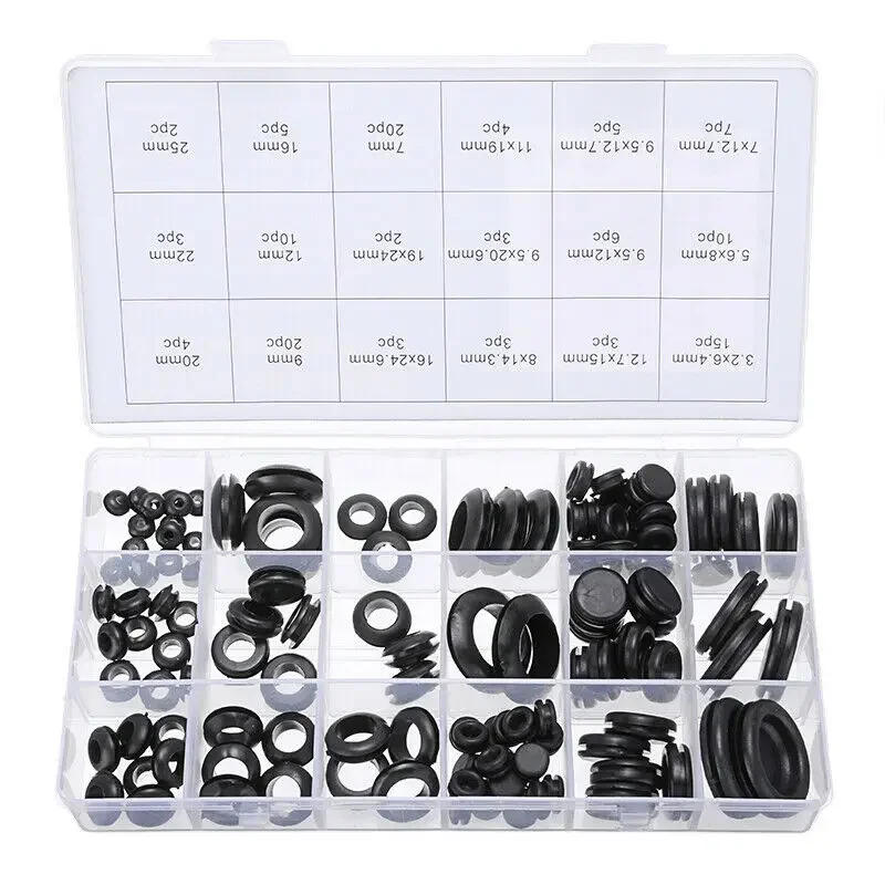 Description Picture 2 of item125pcs Black Rubber Grommet Plug Assortment Kit Gasket  Ring Firewall Hole Plug Wire Electrical Appliance Plumbing Boxed Set