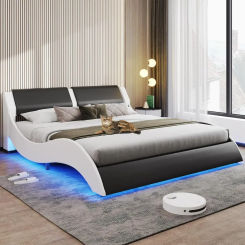 Queen Led Bed Frame Modern Faux Leather Upholstered Platform Bed Frame with RGB LED Lights and Headboard Wave Like Curve