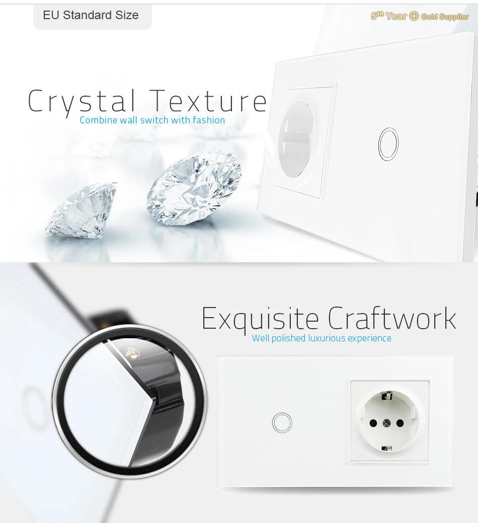 Description Picture 4 of itemTouch Light Switch With EU Wall Socket Black 1 Gang 1 Way Led Interruptor Crystal Dark Blue Backlight Wallpad Home Improvemet