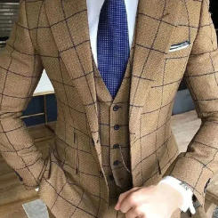 Brow Men Suits Tailor-Made 3 Pieces Blazer Vest Pants Single Breasted Plaid Stripes Fashion Business Wedding Plus Size Tailored