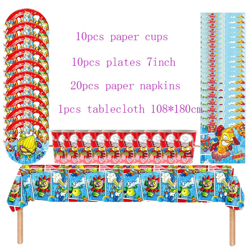 Description Picture 4 of itemNew Superthings Birthday Party Decoration Tableware Supplies Set Banner Cake Topper Balloon Backdrop for Kids Party Decoration