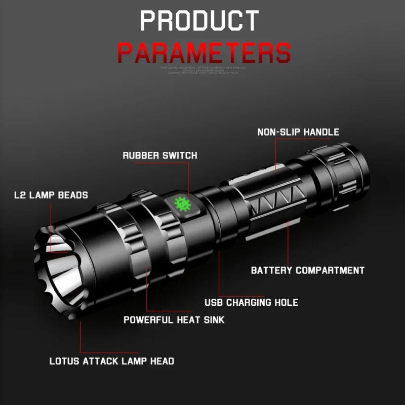 Description Picture 2 of itemProfessional Hunting Tactics Night Reconnaissance LED Flashlight L2 Lamp Beads Waterproof Rechargeable Outdoor Portable Torch