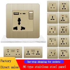 86 Stainless Steel Brushed Gold UK 1Gang 13A Square Corner Dual-plug Multi-Function Five-hole USB Typec 20w Fast Charging Socket