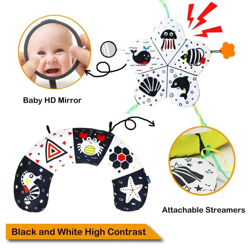 Description Picture 5 of itemTummy Time Pillow with Crinkle Mat & Teethers White High Contrast Baby Toys with Mirror Montessori Infant Sensory Crawling Toys