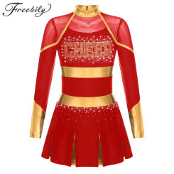 Kids Girls Cheer Dance Costume Teens Glittery Cheerleading Uniforms Children Metallic Patchwork Long Sleeve Cheerlead Dress