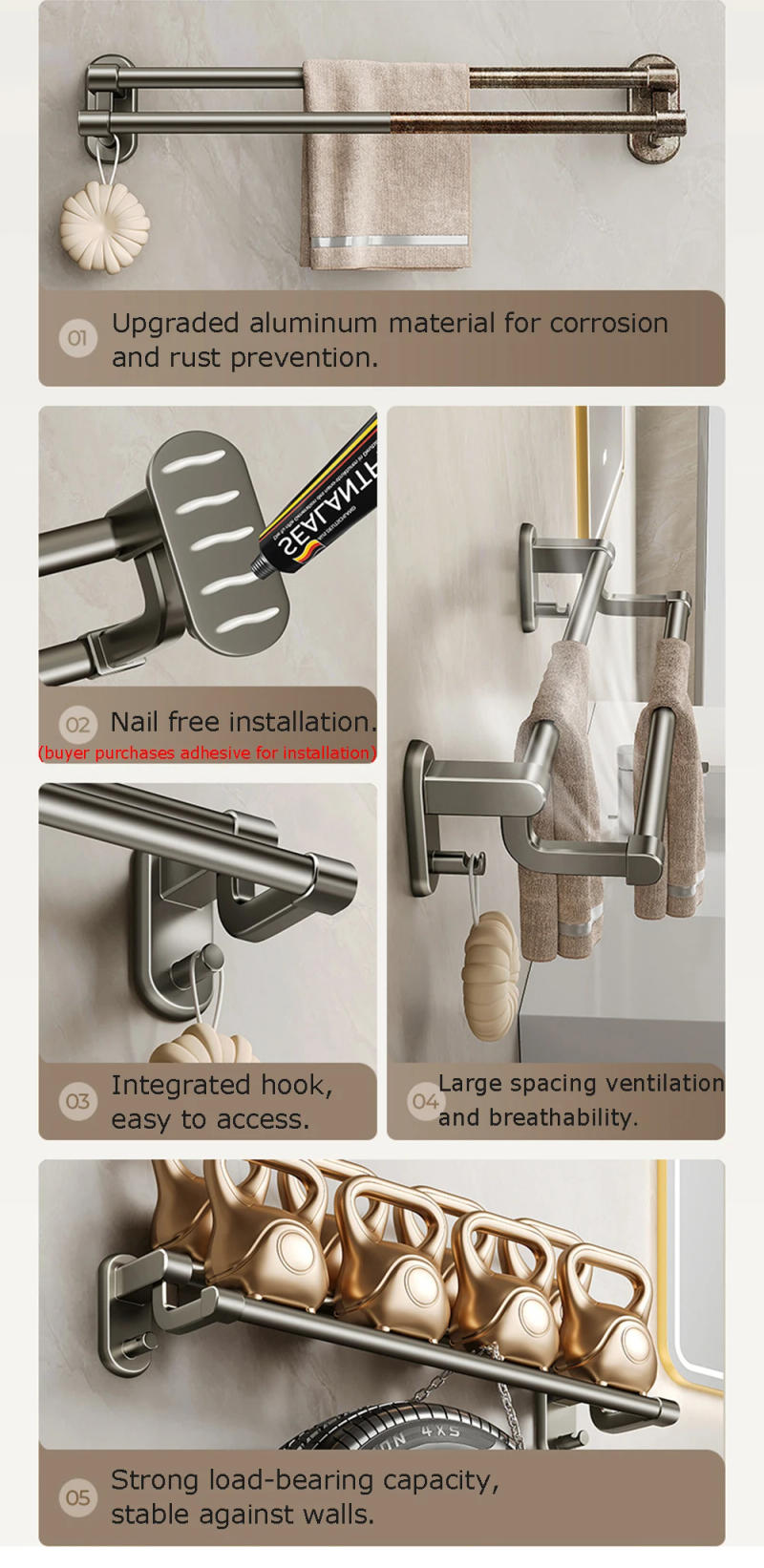 Description Picture 3 of item40/50cm Bathroom Towel Holder Slippers Rack Wall Mounted Towel Rack Gun Grey Single Dual Towel Bar with Hook Kitchen Accessories