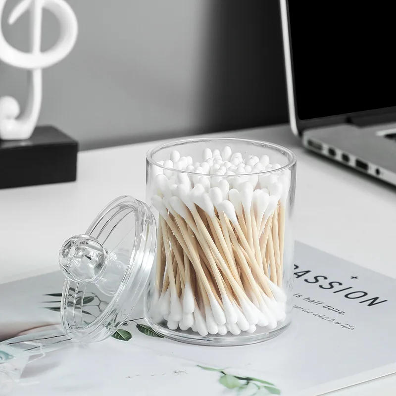 Description Picture 4 of item1/2pcs Cotton Swab Storage Box Makeup Jewelry Organizers Round Transparent Acrylic Jar Bathroom Cosmetic Home Organization