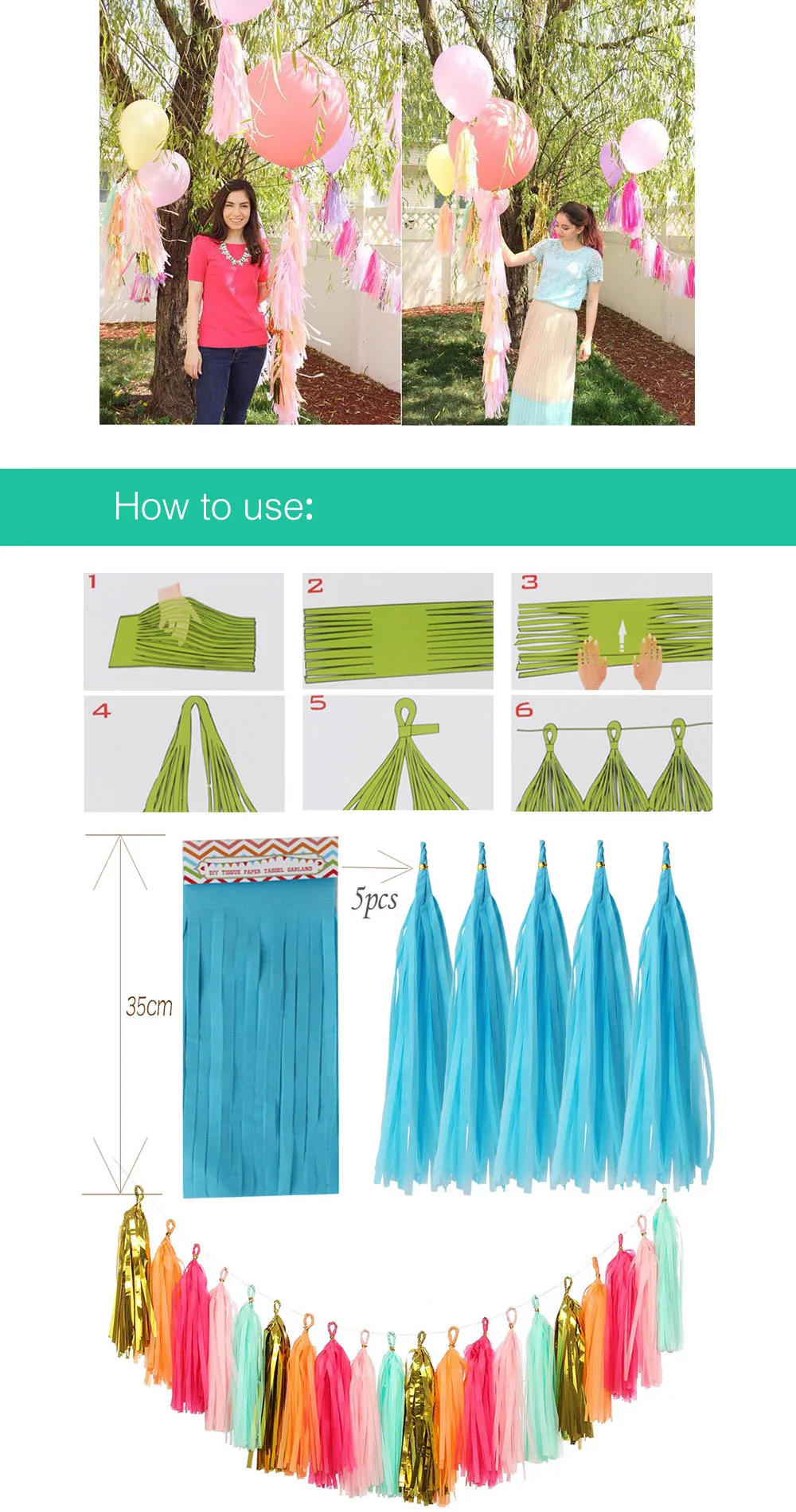 Description Picture 4 of item5pcs 12*35cm Colorful Tissue Paper Tassel Garland for Wedding Birthday Party Decorations DIY Baby Shower Event Party Supplies