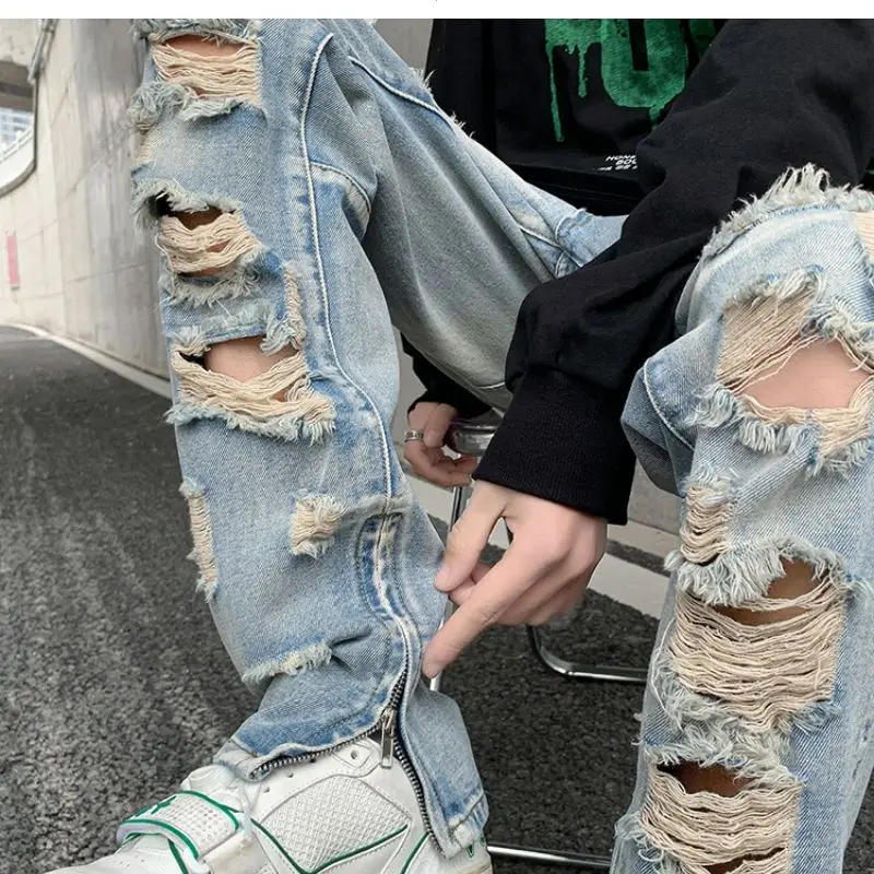 Description Picture 2 of itemY2K retro ripped jeans men's spring American retro street gangster handsome pants niche design zipper slit straight pants