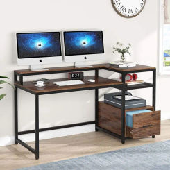 TIYASE Computer Desk with Hutch and Storage Shelves, 59 inch Large Rustic Home Office Desk Computer Table Study Writing