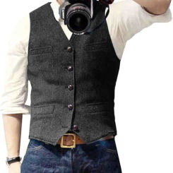 Men's Suit Vest V Neck Wool Herringbone Tweed Casual Waistcoat Formal Business Vest Groomman For Green/Black/Brown/Coffee