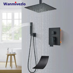 Black Ceiling Installation Bathroom Shower Faucet Rainfall Shower  Hot Cold Water Mixer Tap Embedded Box Shower Combo Set