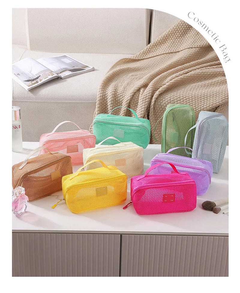 Description Picture 3 of itemPolyester Breathable Mesh Travel Organizer Portable Cosmetic Bag with Zipper Makeup Pouch Fashion Style Candy Color Open Closure