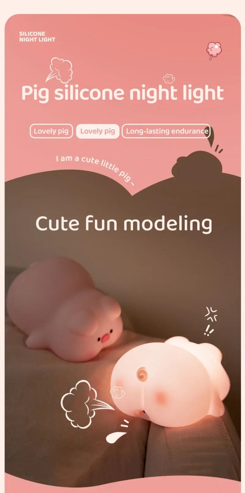 Description Picture 2 of itemPink Piggy Night Light Cute LED Silicone Night Lamp Indoor Atmosphere Pat Lamp Room Decoration USB Children's Night Light Gift