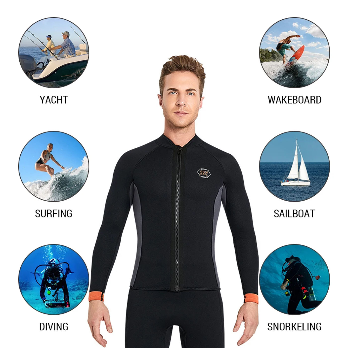 Description Picture 6 of itemMen 3mm Neoprene Long Sleeve Wetsuit Top Warm Front Zipper Wetsuits Shirts for Surfing Swimming Snorkeling Kayaking