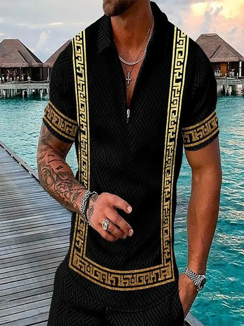 Description Picture 6 of itemMen's short-sleeved knit round neck casual T-shirt striped patchwork casual lapel button polo shirt outdoor street zipper tops