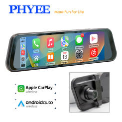 Car Video Recorder Dash Cam Rearview Mirror Camera Display, Wireless CarPlay, Android Auto, Bluetooth, USB TF DVR Monitor 9.36"