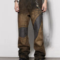 Wasteland Style Design Deconstruction Stitching Heavy-Duty Washed Distressed Dirty Dyed Jeans Straight Slightly Rough