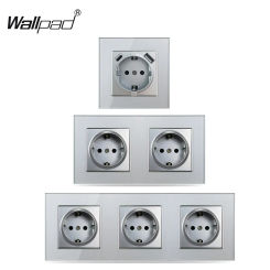 EU Socket with 2 USB Type A C Wallpad Silver Grey Crystal Glass 220V AC 16A German Russia Grey Electrical Power Wall Socket