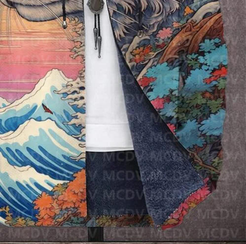 Description Picture 6 of itemMen's Retro Print Plush Thick Long-Sleeved Coat Cardigan Cat 3D Prined Fleece Hooded Overcoat Unisex Thick Warm Jacket