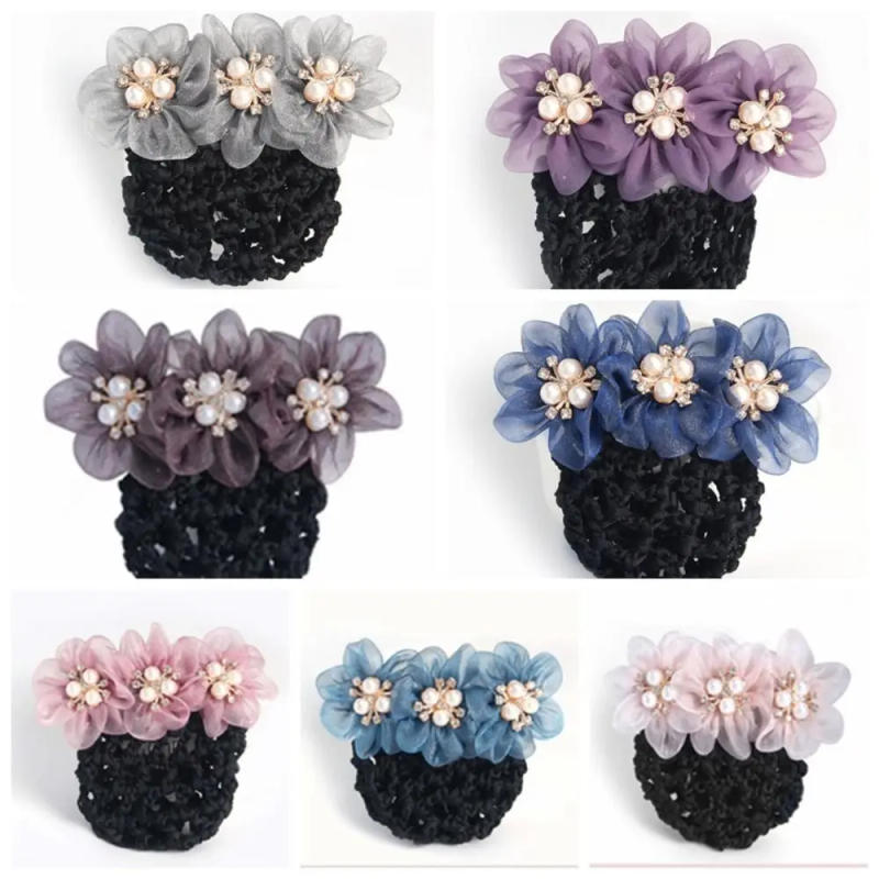 Description Picture 6 of itemKorean Style Flower Snood Spring Clip Hairgrips Cover Net Bun Snood Lace Hair Net Ponytail Clip Hair Clip Pearls Crochet Bun Net