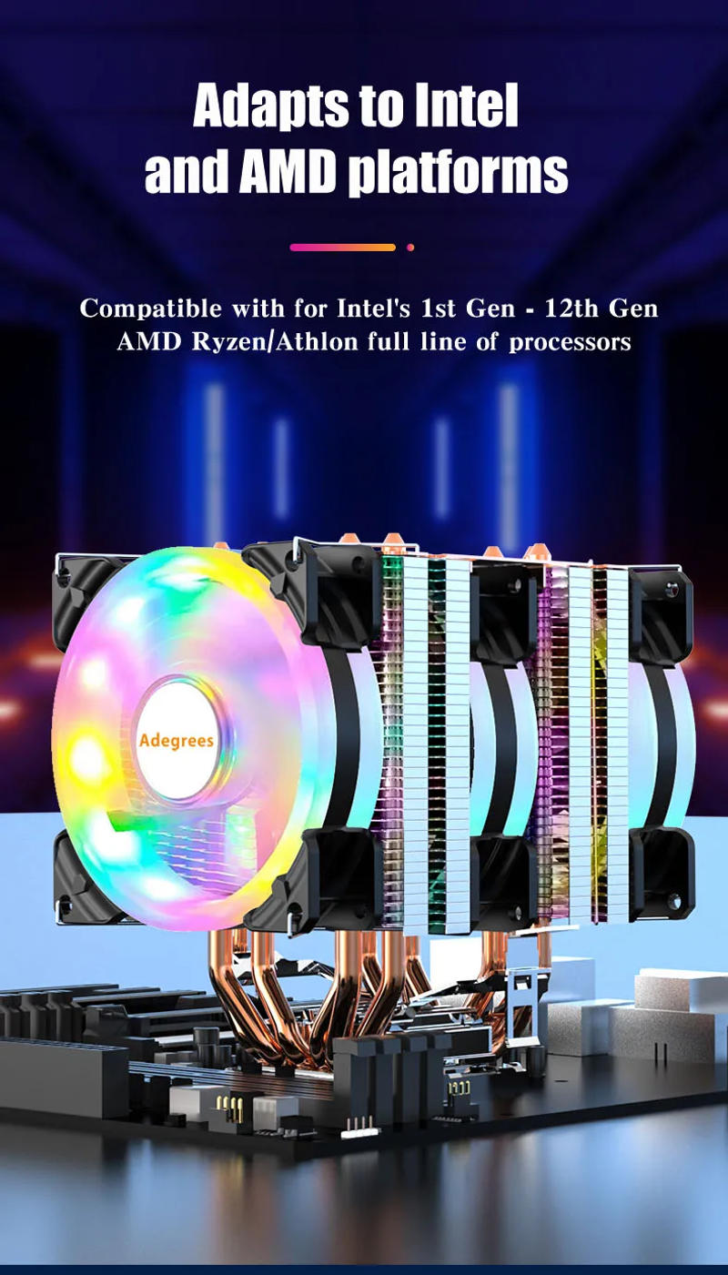 Description Picture 5 of item6 Heat Pipes ARGB CPU Air Cooler 4 Pin PWM Quiet CPU Cooling Fan for Intel LGA 1700 2011 1200 1156 X79 X99 AM3 AM4 PC Radiator