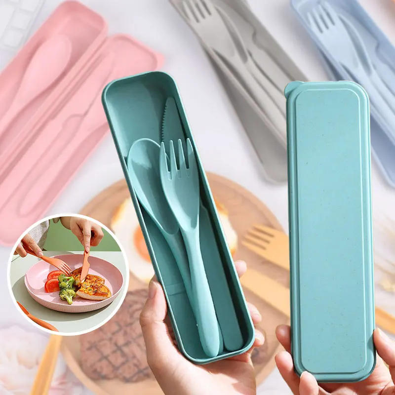 Description Picture 6 of item3In1 Wheat Straw Dinnerware Set Portable Reusable Cutlery Sets Knife Fork Spoon Chopsticks Travel Utensil Box Camping Tableware