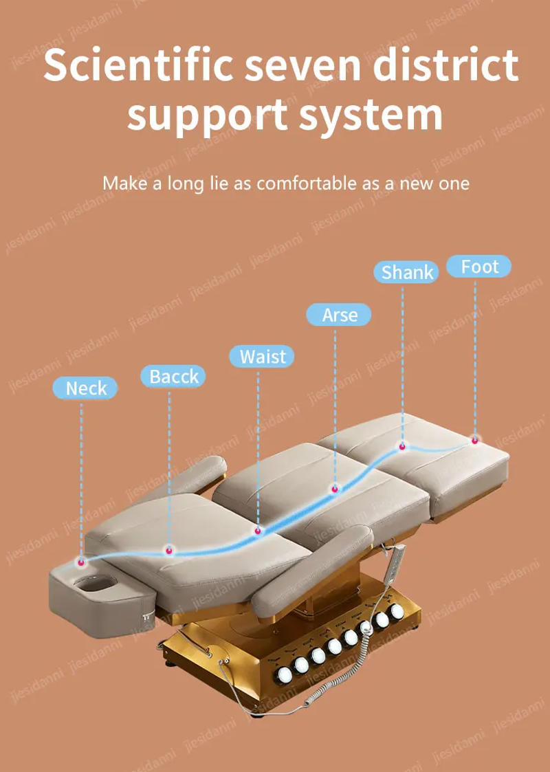 Description Picture 3 of itemLuxury Beauty Salon Furniture 4 Motors Electric Eyelashes Extension Bed Gold Base Massage Table For Sale