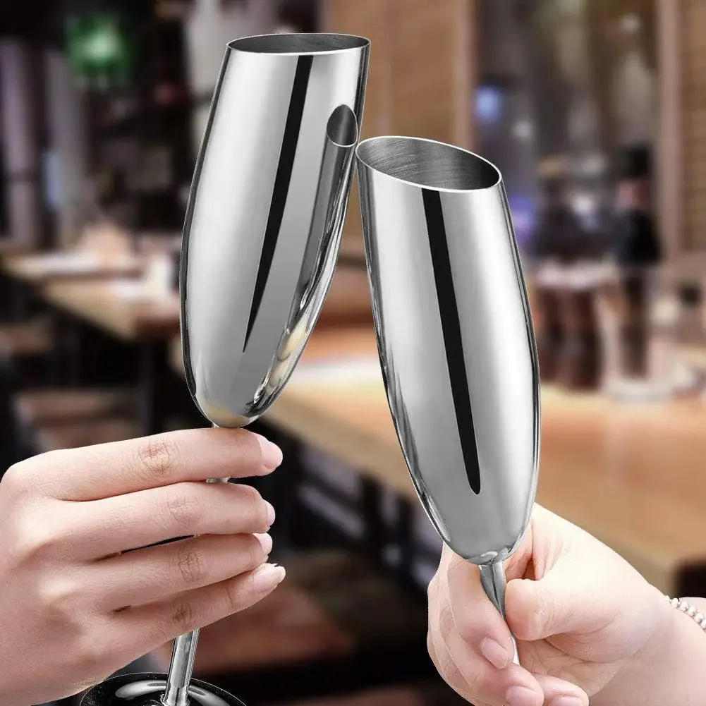 Description Picture 2 of itemNew Stainless Steel Beveled Champagne Cup Goblets 8.2oz Cocktail Martini Wine Glass Champagne Glasses Stemware for Bar Utensils