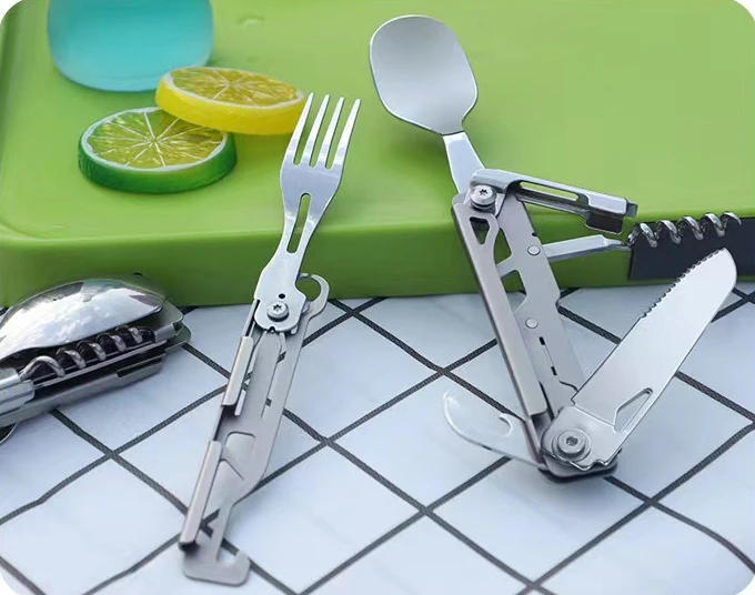 Description Picture 3 of itemMultifunctional EDC folding outdoor tableware camping portable meal knife fork spoon bottle outdoor camping cookware titanium