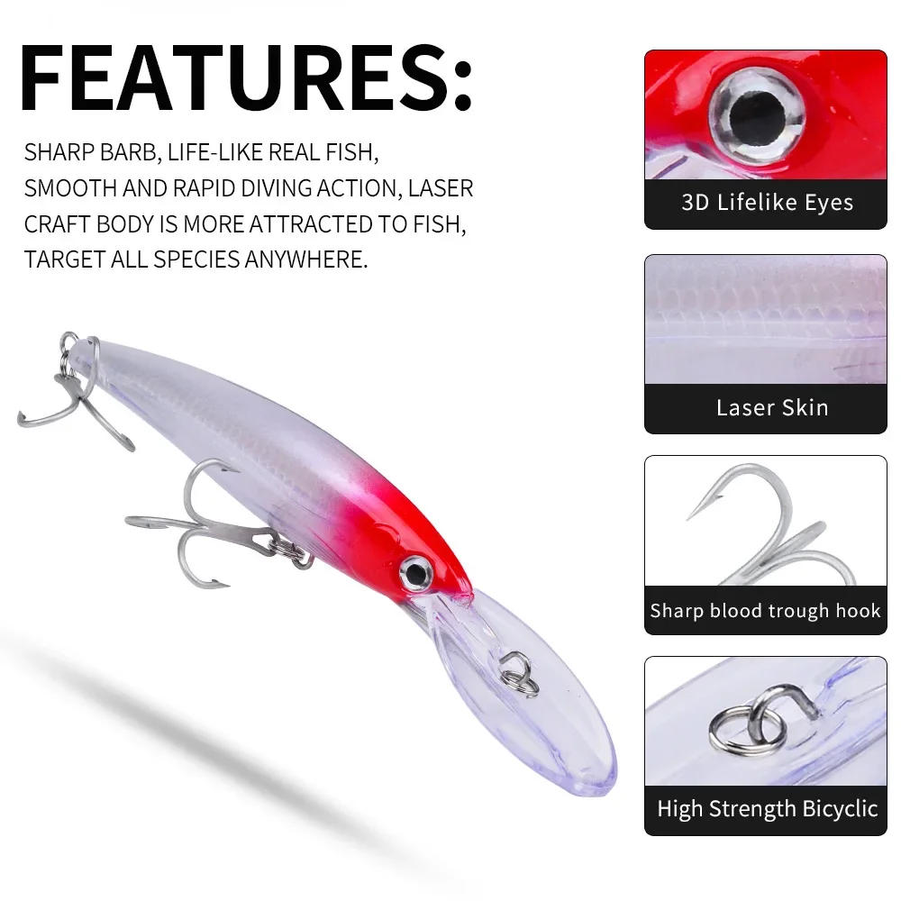 Description Picture 2 of item1PC 32g 50g 75g Big Floating Minnow Fishing Lure Bait Long Casting Saltwater Sea Bass Lures Hard Bait Minnow Fishing Tackle