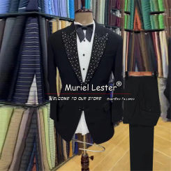 Handsome Men's Suits For Men Crystals Beading Lapel Jacket Pants 2 Pieces Formal Royal Groom Custom Tuxedos Tailor Made Clothing