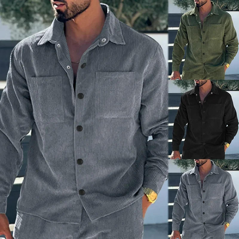 Description Picture 4 of item2024 Spring and Autumn New Fashion Long Sleeved Shirt Casual Flip Collar Corduroy Coat Slim Fit Jacket for Men