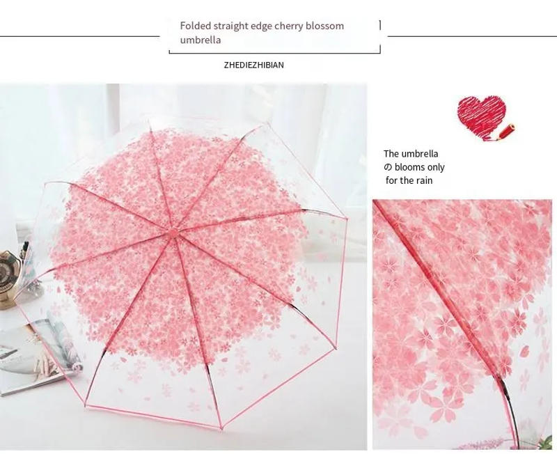 Description Picture 5 of itemUmbrella 3 Fold Umbrella Rain Gear Fashion Cherry Blossom Transparent Umbrella Fresh Simple Protect Against Wind Clear Rain Gear
