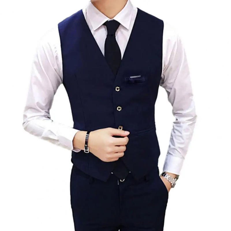 Description Picture 3 of itemFake Pockets Waistcoat Formal Business Coat Men's Slim Fit V-neck Single-breasted Waistcoat for Groom Wedding Solid Color
