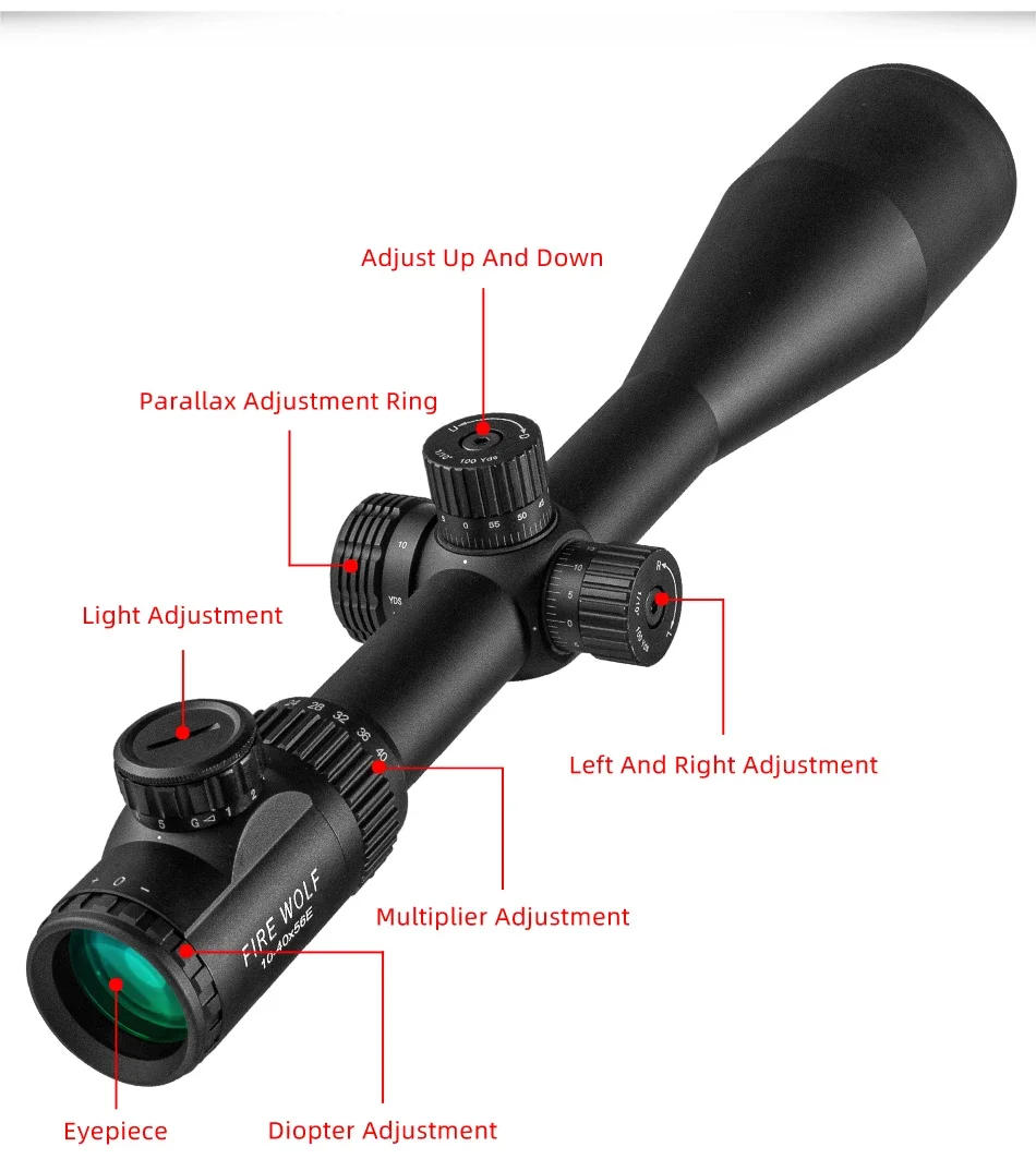 Description Picture 5 of itemFire Wolf 10-40X56 AOE Hunting Scopes Side Wheel Parallax Adjustment Optics Riflescope Red Green Dot Sight For Scopes