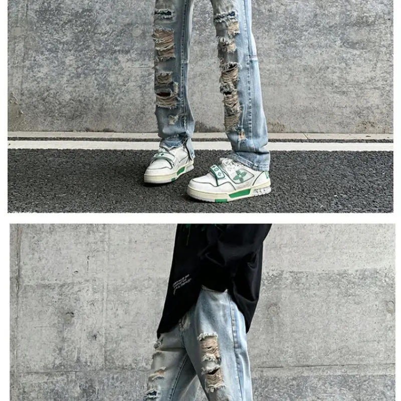 Description Picture 5 of itemY2K retro ripped jeans men's spring American retro street gangster handsome pants niche design zipper slit straight pants