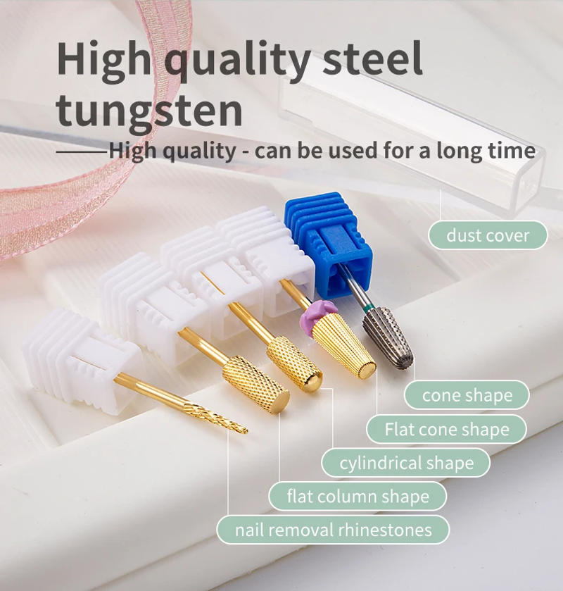 Description Picture 4 of item5 In 1 Tungsten Carbid Nail Drill Bits Milling Cutter For Remove Nail Polish UV Gel Tapered Safety End Cut Manicure Tools Golden