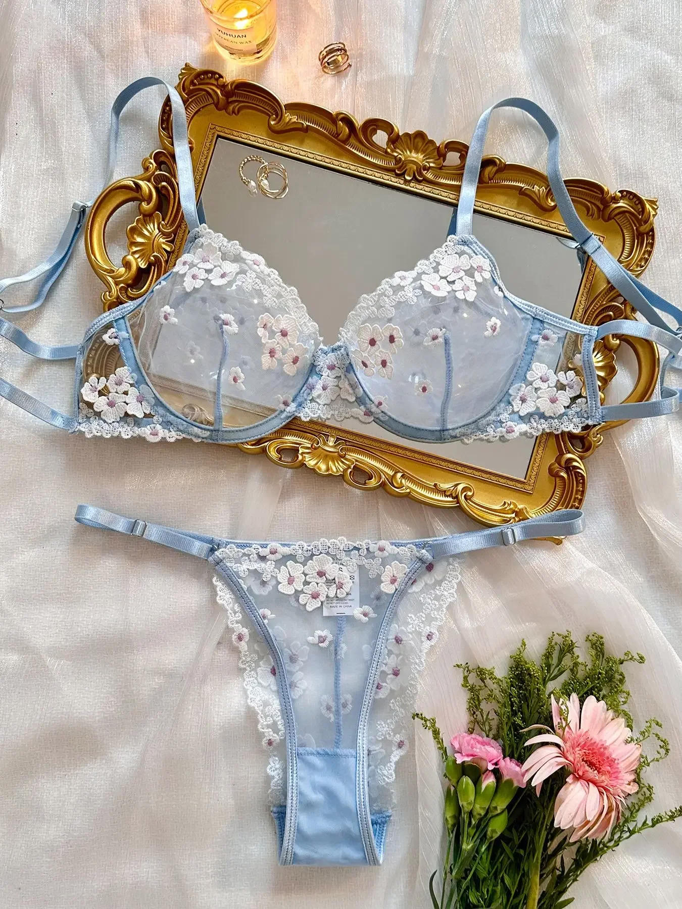 Description Picture 6 of itemAutumn New French Style Sweet Floral Embroidery Lingerie Set Women's Mesh Perspective Comfortable Gathering Underwear Bra Briefs