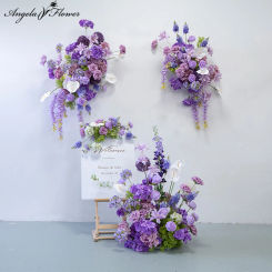 Purple Rose Palm Hydrangea Hang Flower Row Arrangement Wedding Backdrop Decor Event Aisle Floor Floral Welcome Sign Accessories