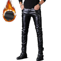 Men's Winter Fleece Lined Leather Pants Fashion Punk Style PU Trousers Skinny Bottoms With Zipper Decoration