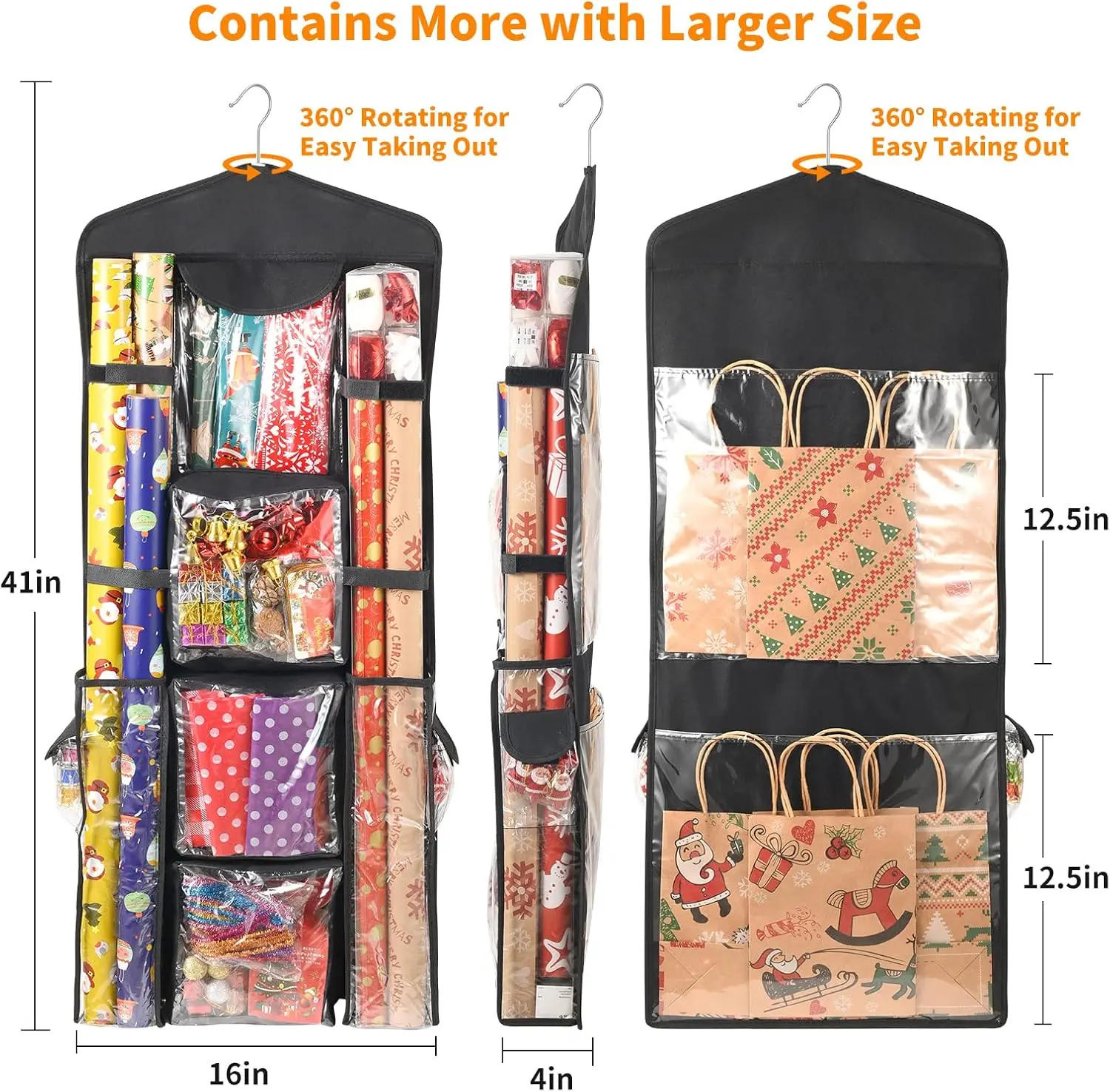 Description Picture 4 of itemAMOBOX Hanging Gift Wrap Storage Organizer, Wrapping Paper Storage Hanging Gift Bag Organizer Station with Multiple Pockets