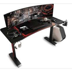 55 Inch Gaming Desk, Carbon Fiber Surface & Large Mouse Pad,  PC Desk Gamer Setup with Cup Holder, Headphone Hook & Adapter