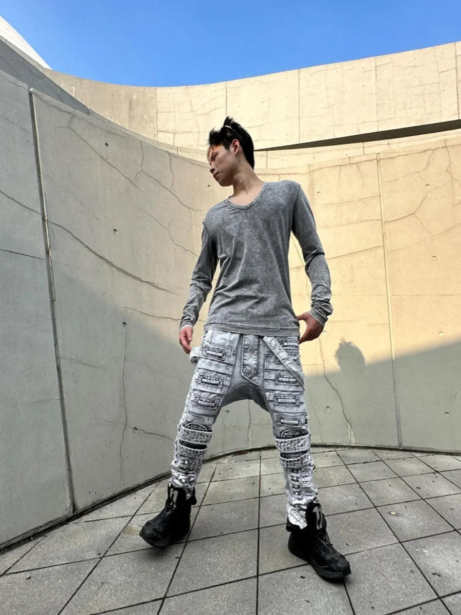 Description Picture 3 of itemWasteland Punk Vintage Light Color Distressed Tie-Dyed Wash Slim Fit Skinny Pants Loose Crotch Men's Overalls Streetwear Men