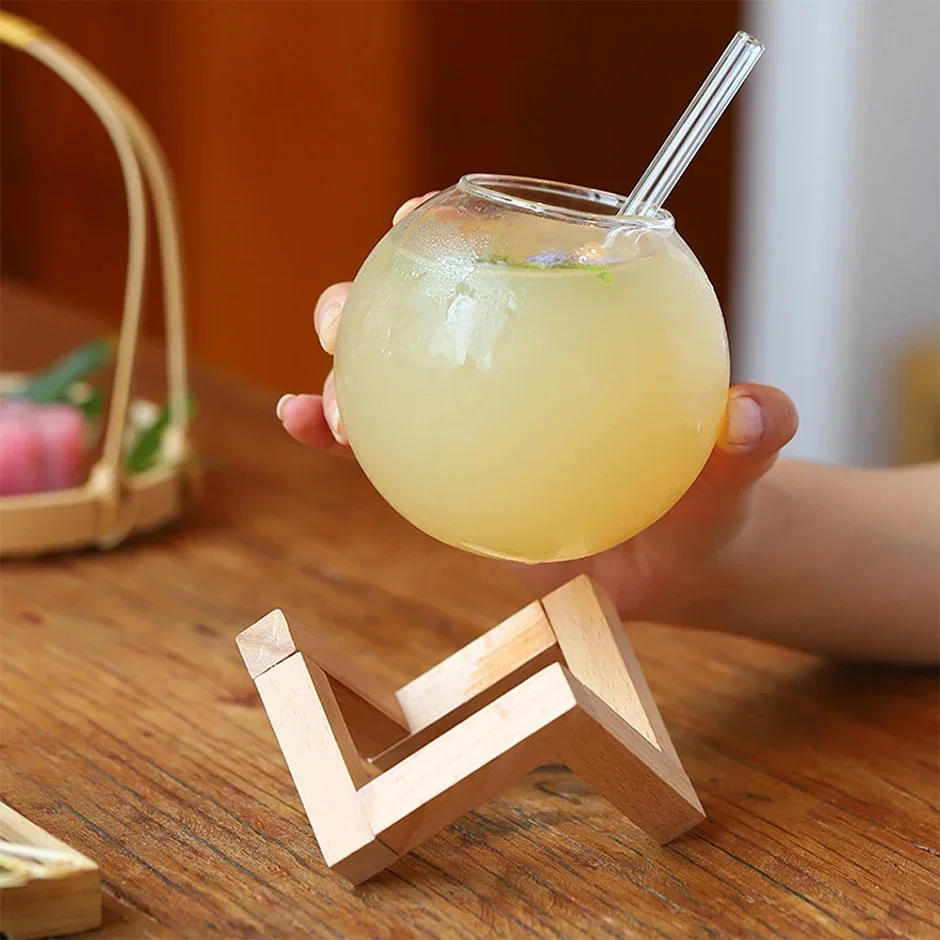 Description Picture 6 of itemCocktail Glass Cup With Wood Stand Creative Bar Glassware Drink Cup Ronud Ball Cocktail Mug Smoothie Fruit Moon Juice Tumbler