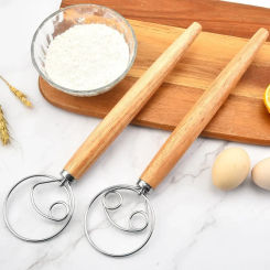 Danish Dough Whisk Stainless Steel Dutch Style Bread Dough Hand Mixer Wooden Handle Kitchen Baking Tools Pastry Blender